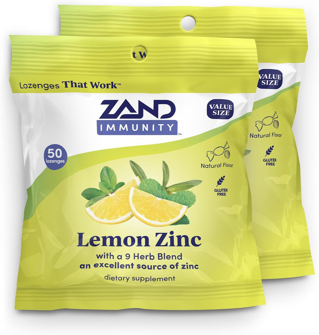 ZAND Immunity Lemon Zinc Throat Lozenges 2 Pack - Good-for-You Dry Mouth Lozenges, Immune Support Supplement w/Zinc 5mg, Eucalyptus, Mullein, Soothe a Dry Throat, Natural Flavor, Gluten Free, 50ct ea