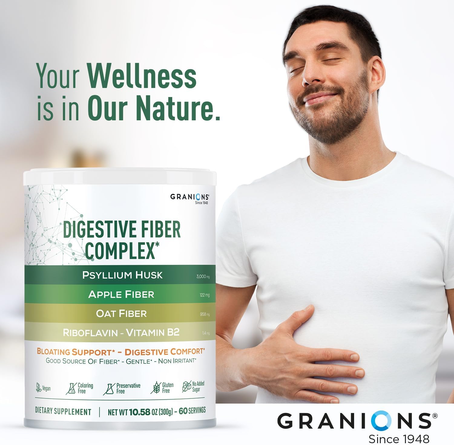 Psyllium Husk Powder Digestive Fiber Supplement – Gut Health, Bloating Relief for Women and Men - Daily Soluble and Insoluble Psyllium Husk Fiber Powder Apple, Oat, B2 - Vegan, Unflavored, 60 Servings