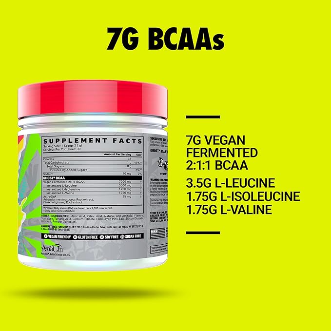 GHOST BCAA Powder Amino Acids Supplement, Pineapple - 30 Servings - Sugar-Free Intra, Post & Pre Workout Amino Powder & Recovery Drink, 7G BCAA