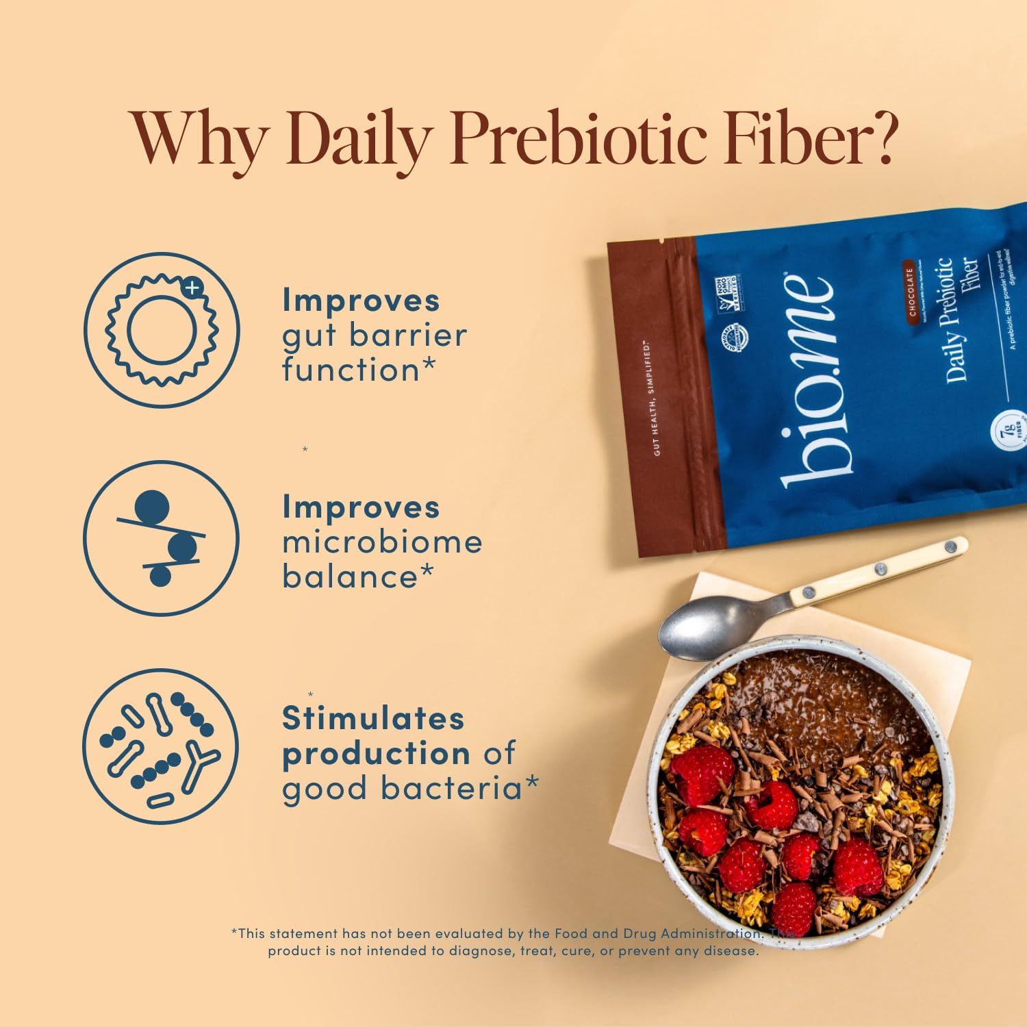 Daily Prebiotic Fiber Powder Chocolate - 7g Per Serving - Soluble & Insoluble Fiber Supplement Powder for Women & Men - Digestive Health & Gut Health - Sugar Free - 30 Servings