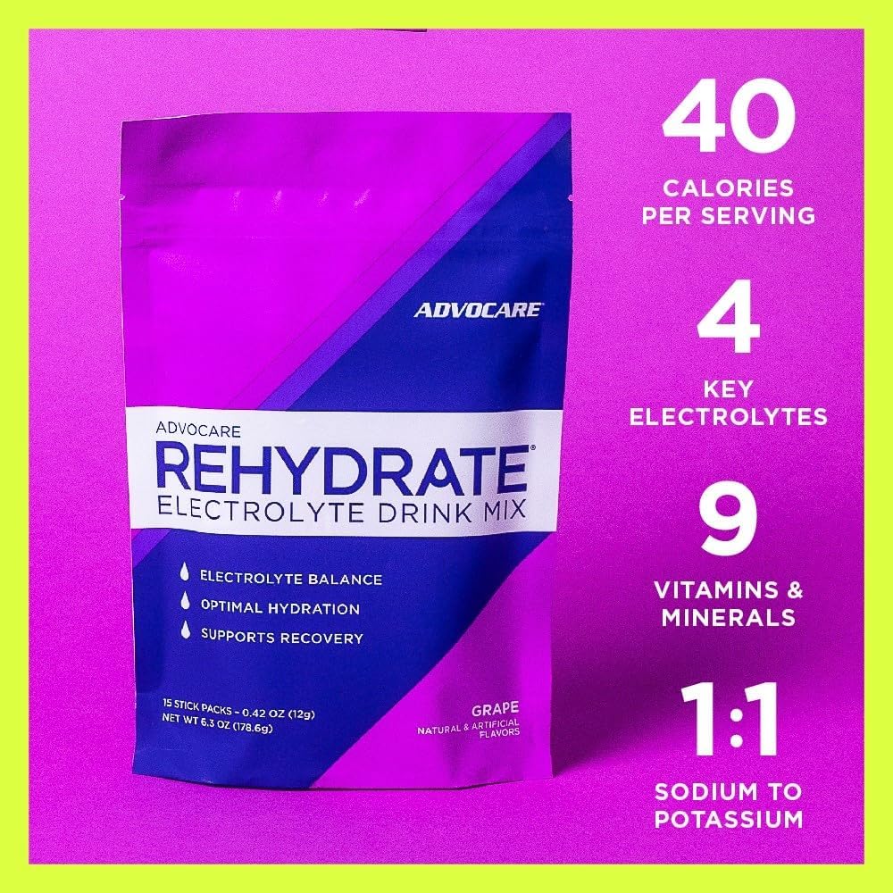 AdvoCare Rehydrate - Electrolyte Drink Mix - Includes Magnesium, Sodium, Potassium & Calcium - Antioxidant & Amino Acid Fortified - Hydration & Recovery - Grape, 15 Stick Packs (6.3 oz)