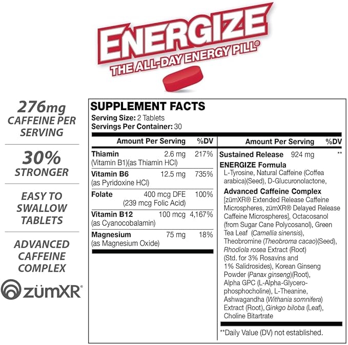 iSatori Men & Women Energize Extra Strength Caffeine Pills | Fast Acting Long-Lasting Energy Pill | Extended Time Release Caffeine | Improved Clarity, Energy Support | No Jitters, Crash | 60 Tablets