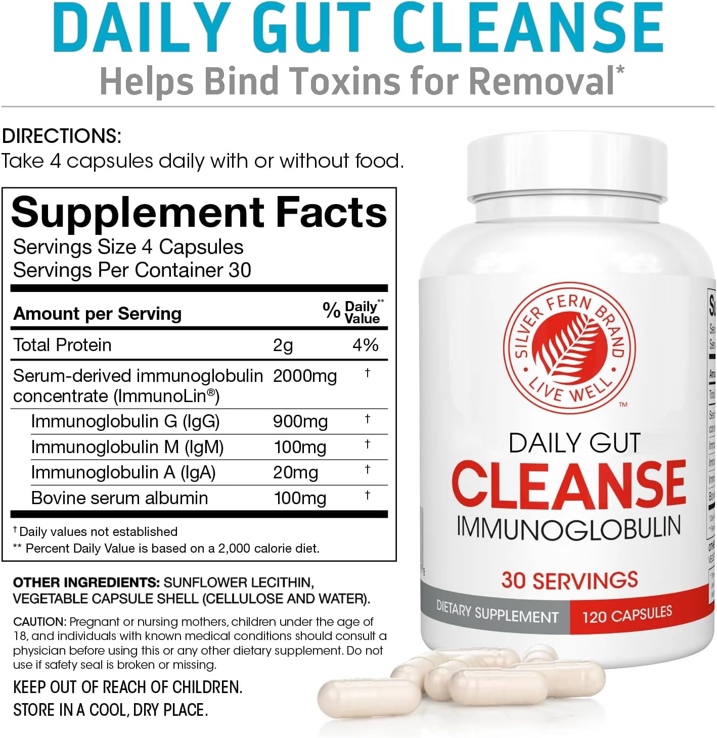 Silver Fern Cleanse - Daily Gut - 1 Bottle - 120 Capsules - 30 Day Supply - Immunoglobulin G, A & M -(IgG, IGA, IgM) - Postbiotic