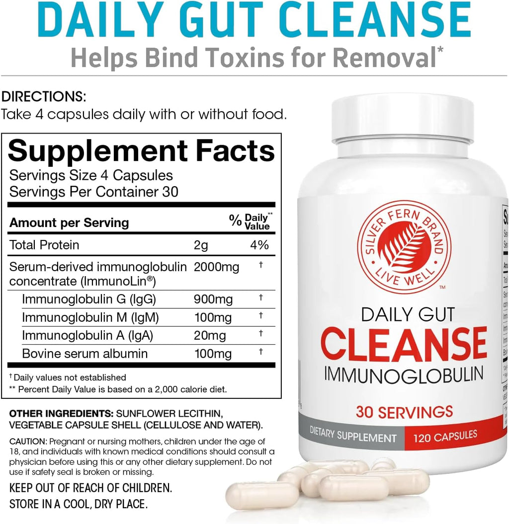 Silver Fern Cleanse - Daily Gut - 2 Bottle - 240 Capsules - 60 Day Supply - Immunoglobulin G, A & M -(IgG, IGA, IgM) - Digestive System & Immune System Support - Postbiotic