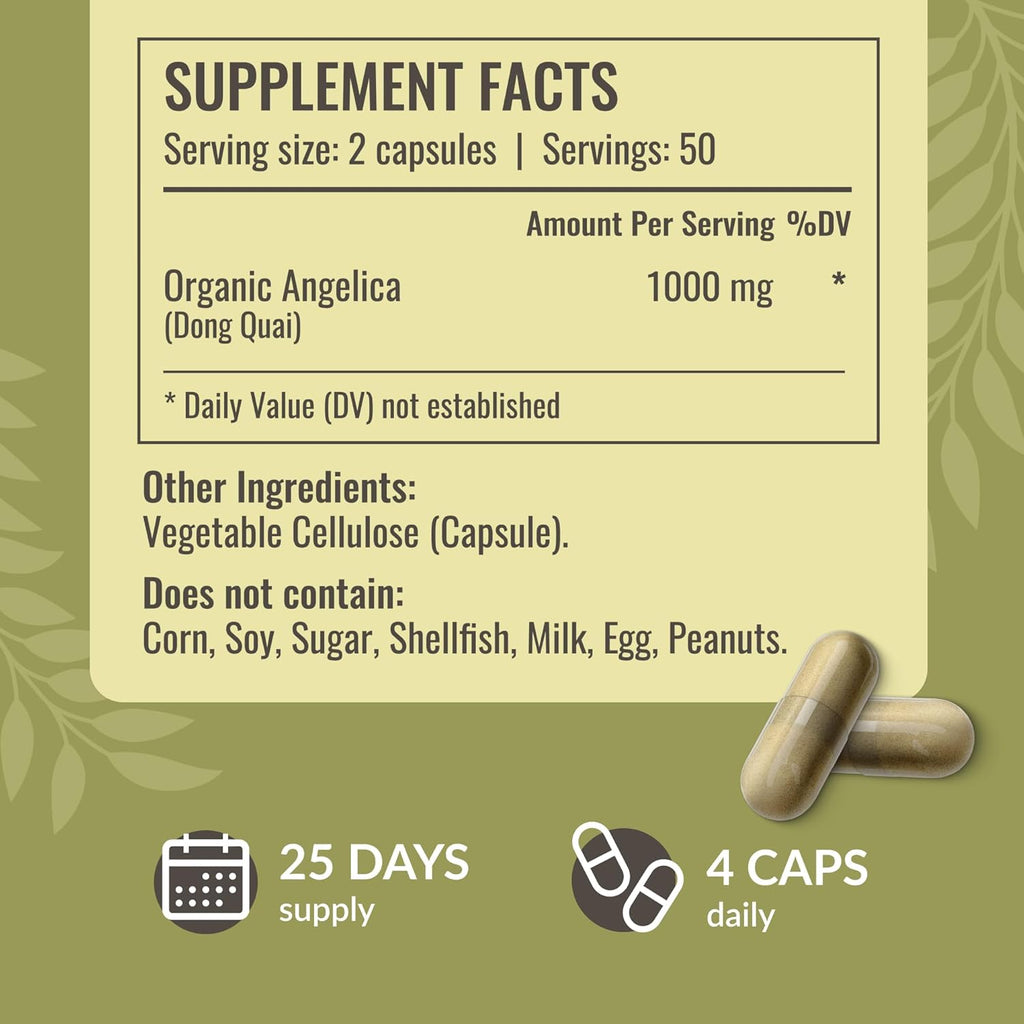HERBAMAMA Dong Quai Supplement - 1000mg Angelica Root for Women's Support - Dong Quai Powder Capsules - Vegan, Non-GMO Angelica Herb Antioxidant Supplement for Women, 100 Caps