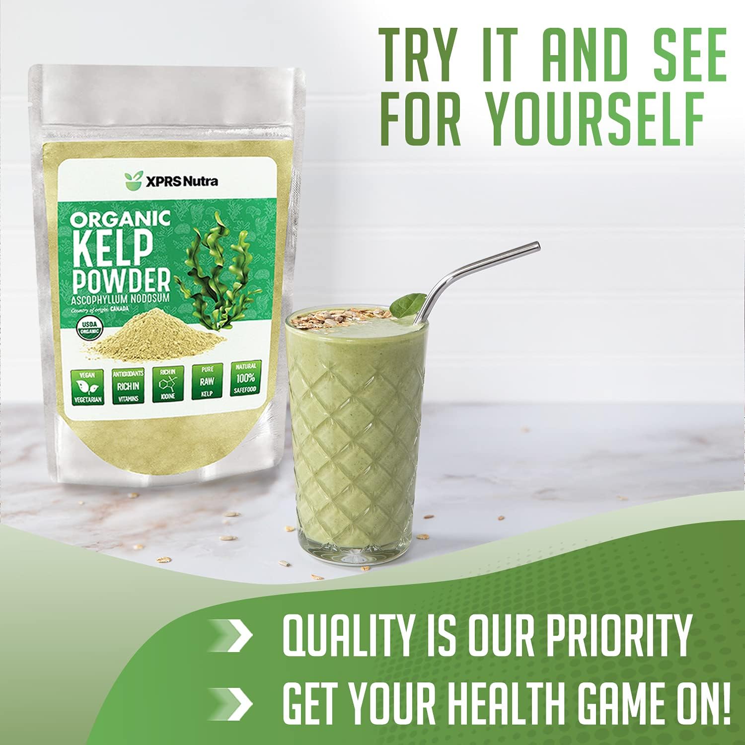 XPRS Nutra Organic Kelp Powder (Ascophyllum Nodosum) - Seaweed Powder Rich in Iodine, Immune Vitamins and Minerals - Food Grade Sea Kelp Supplement Vegan Superfood for Skin Care (4 oz)