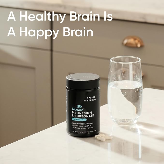 Sports Research® Magnesium L-Threonate Capsules 2000mg - High-Absorption Magtein® for Enhanced Brain Health, Memory, Focus & Restful Sleep Support - Vegan · Non-GMO · Gluten Free - 180 Count