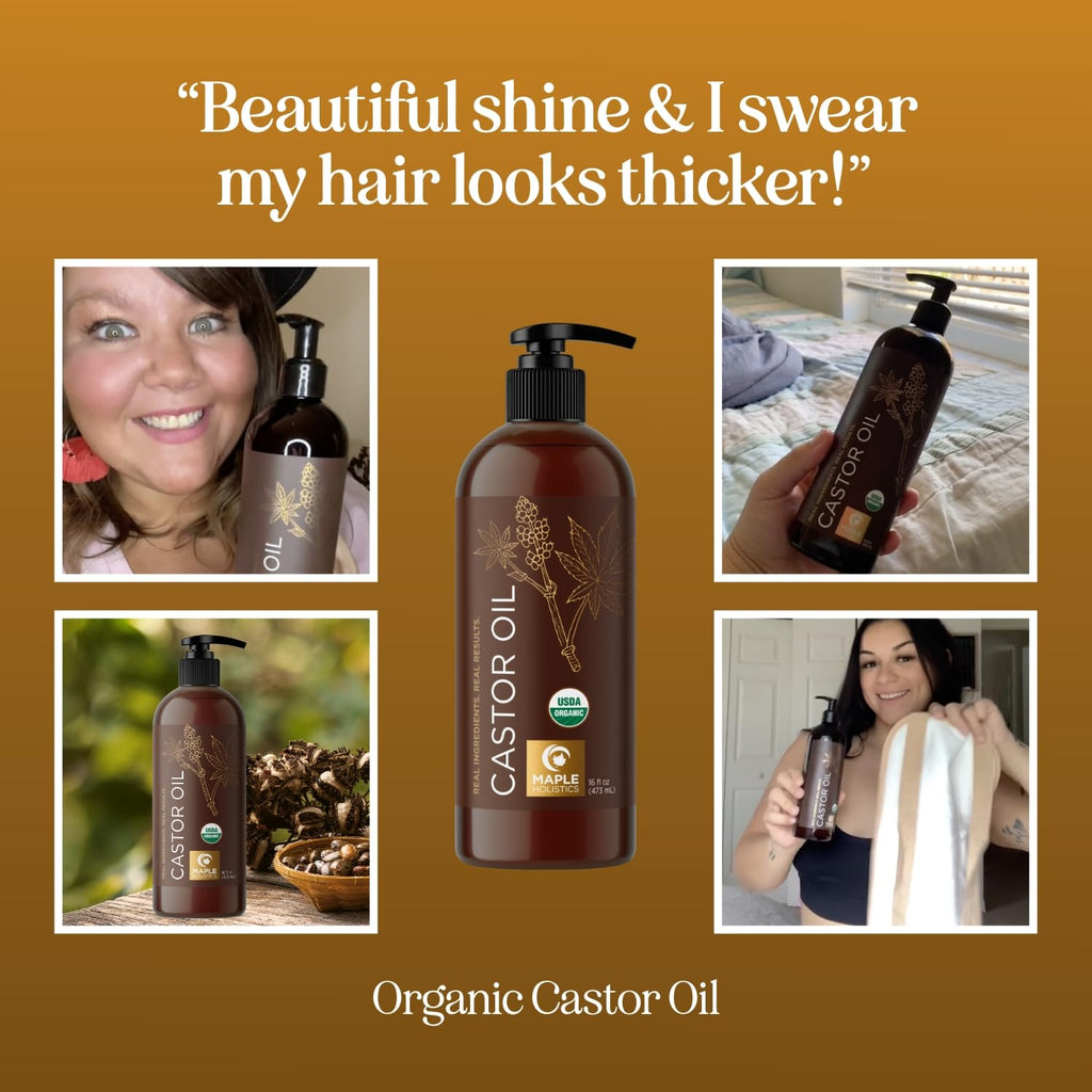 Organic Castor Oil for Hair Skin & Nails - USDA Organic Hexane Free Castor Oil for Skin Face Eyelashes Brows Stomach and Full Body Detox - Extra Virgin Non-GMO Vegan & Cruelty Free (16 Fl Oz)