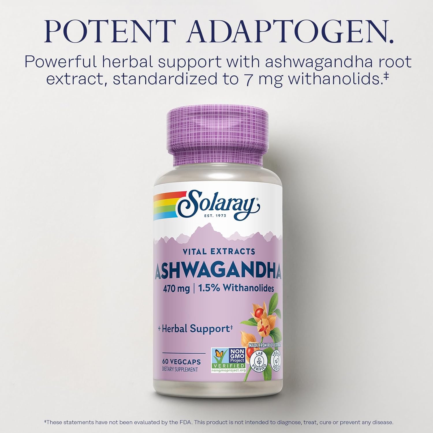 SOLARAY Vital Extracts Ashwagandha 470mg - Powerful Adaptogen - Ashwagandha Supplements w/ 7mg Withanolides, Wellness Support, Vegan, Non-GMO, Lab Verified, 60-Day Guarantee, 60 Servings, 60 VegCaps