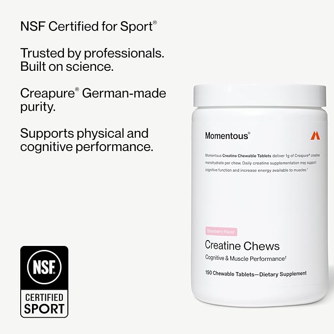 Momentous Creatine Chews - Creapure Creatine Monohydrate - Supports Strength, Lean Muscle, & Recovery for Men & Women - NSF Certified for Sport - 150 Chewable Tablets - Strawberry