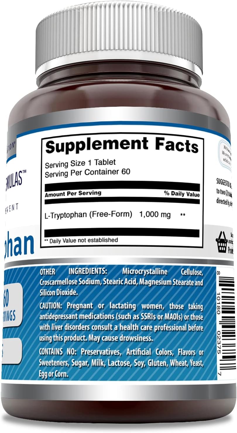 Amazing Formulas L-Tryptophan 1000mg 60 Tablets Supplement | Non-GMO | Gluten Free | Made in USA