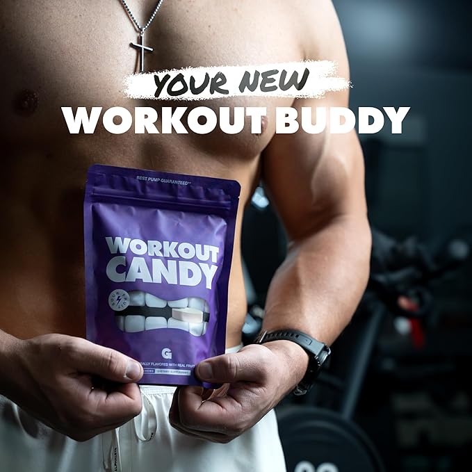 Gains in Bulk Workout Candy, Pre Workout Chews with Creatine and Caffeine for Energy, Focus, Muscle and Pump, Nitric Oxide Support, Supplements for Men and Women, Sour Fruit, 90 Vegetarian Chews