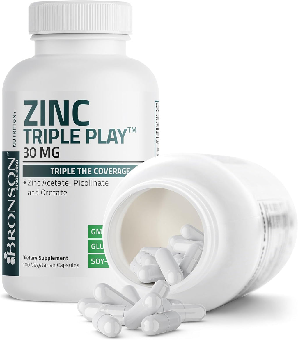 Bronson Zinc Triple Play 30 mg Triple Coverage Immune Support with Zinc Acetate, Picolinate & Orotate - Immune, Antioxidant & Skin Health Support - 100 Vegetarian Capsules