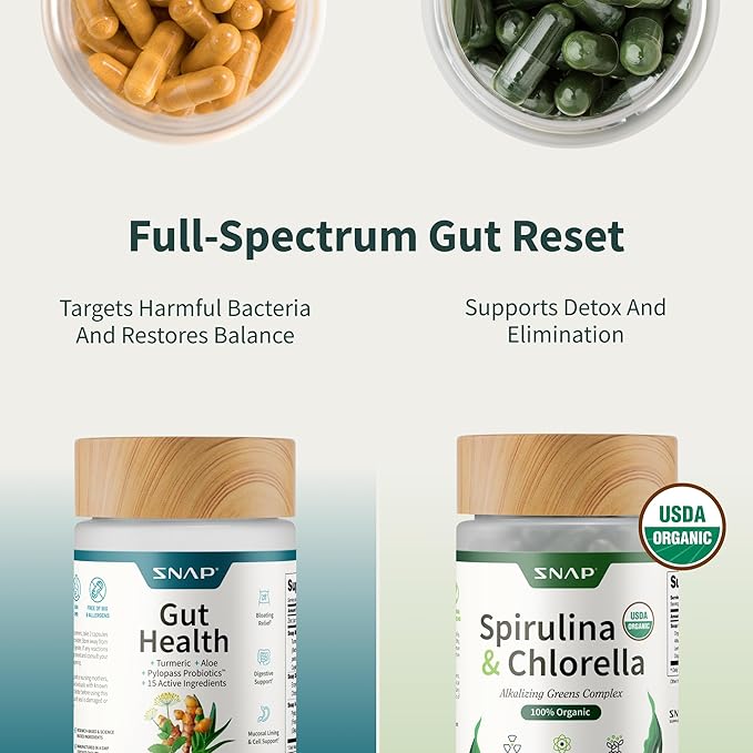 Snap Supplements Gut Health & Organic Spirulina Chlorella Bundle–Probiotic + Digestive Enzymes + Greens–Supports Digestion, Detox, Energy & Immune Health, 50 + 120 Vegetarian Capsules (1 Month Supply)