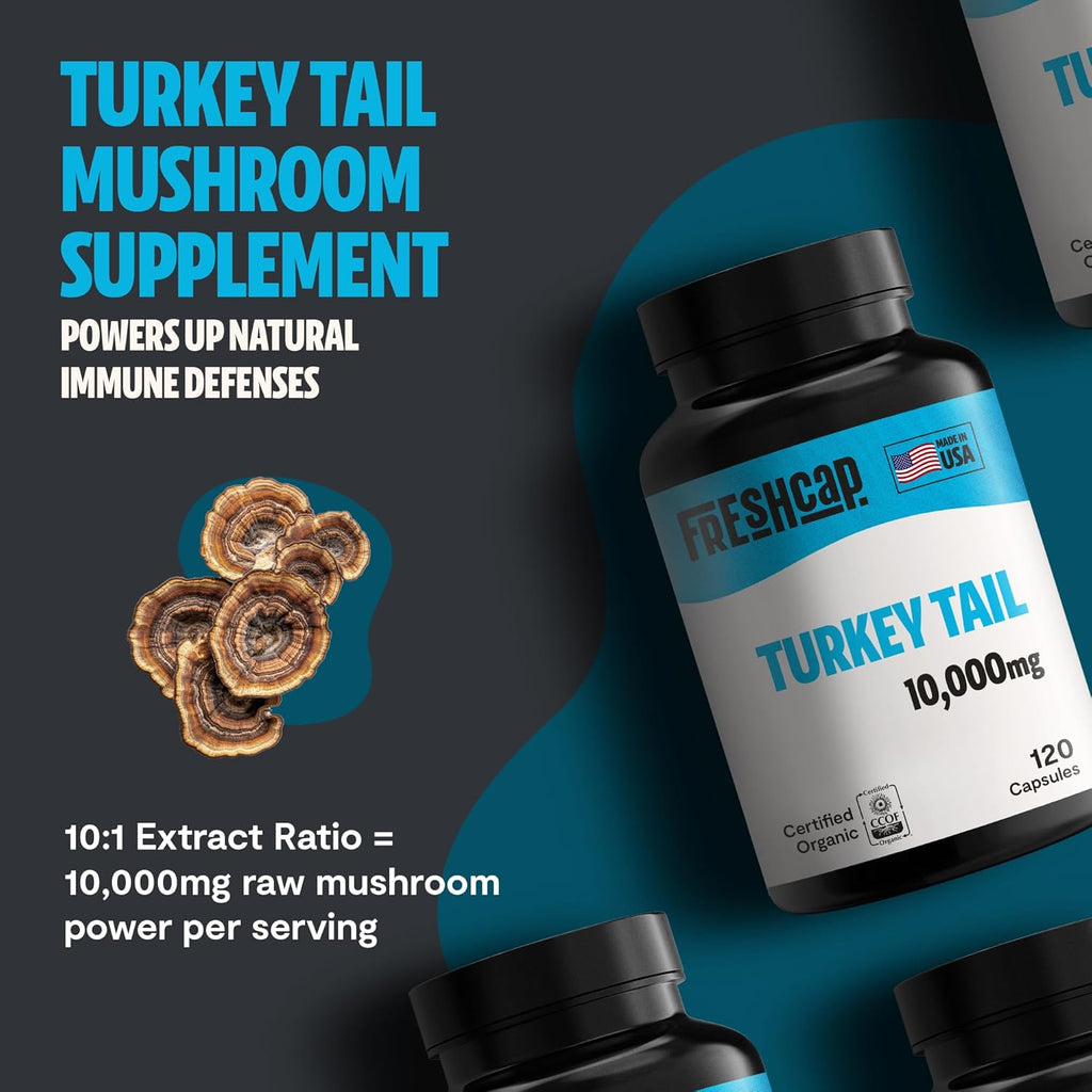FreshCap Mushrooms Turkey Tail Mushroom Supplement 10,000mg – Organic, Turkey Tail Extract for Immune Support Supplement, Mushroom Supplement Capsules, Ayurveda Immunity Supplement (120 Capsules)