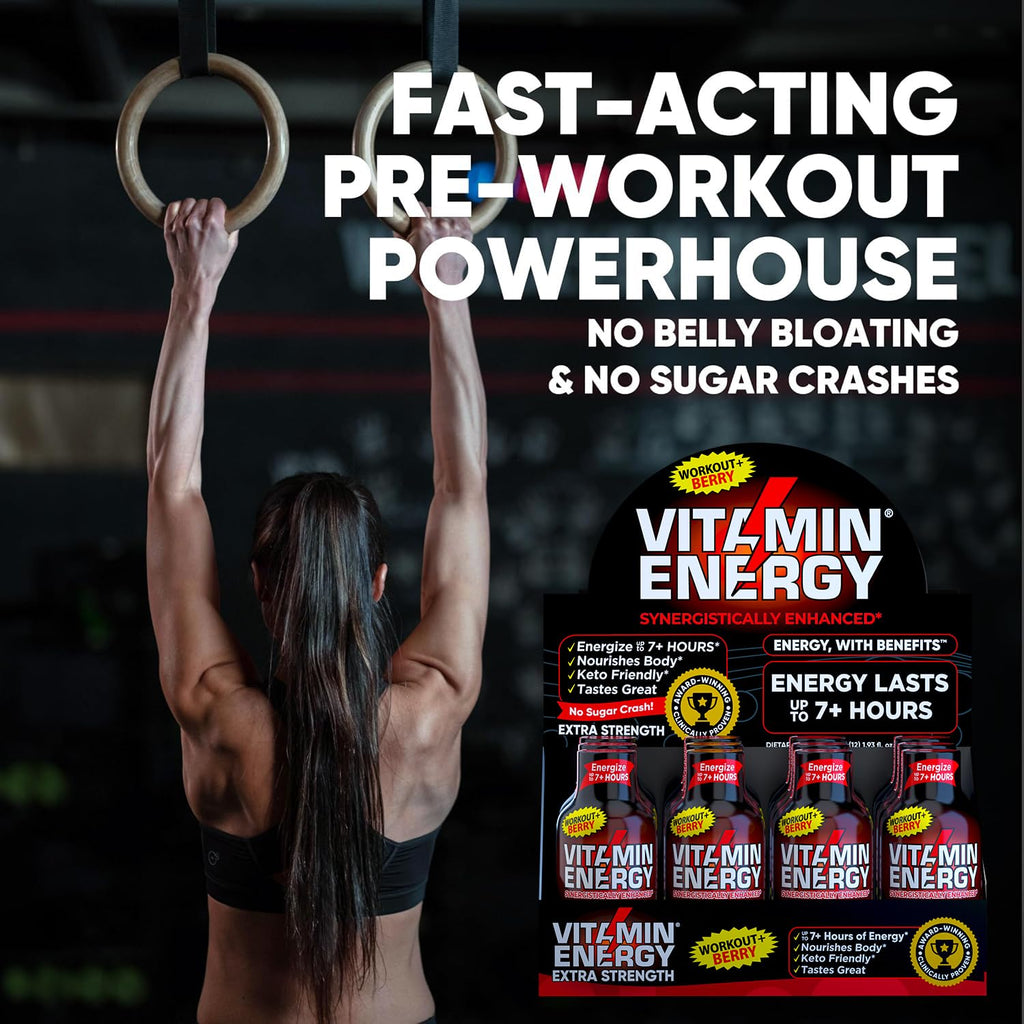 Vitamin Energy Workout+ Extra Strength Energy Shot Berry 48 Pack, 260mg Natural Caffeine, Pre-Workout, B-Vitamins, Minerals, Endurance & Performance, Zero Sugar, Gluten-Free, Vegan, 1.93 fl oz