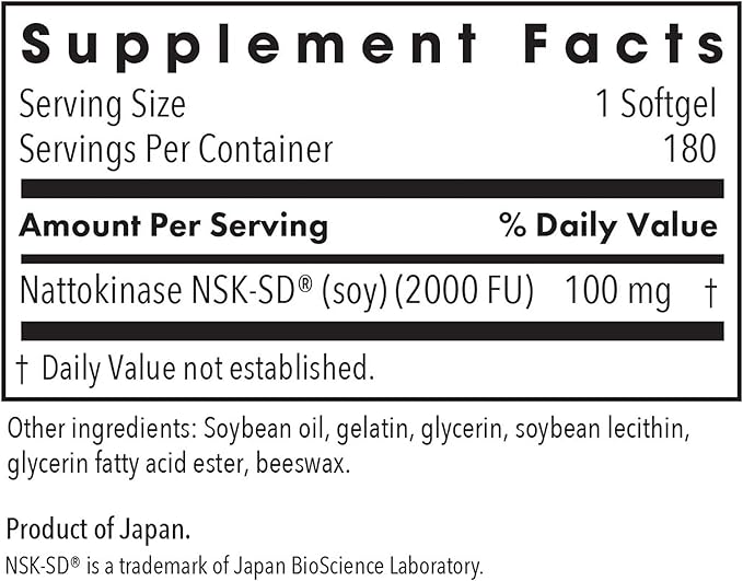 Allergy Research Group Nattokinase 2000 FU / 100mg - Nattokinase Supplement for Women and Men, Natural Enzyme Support for Heart and Blood Health - 180 Softgels