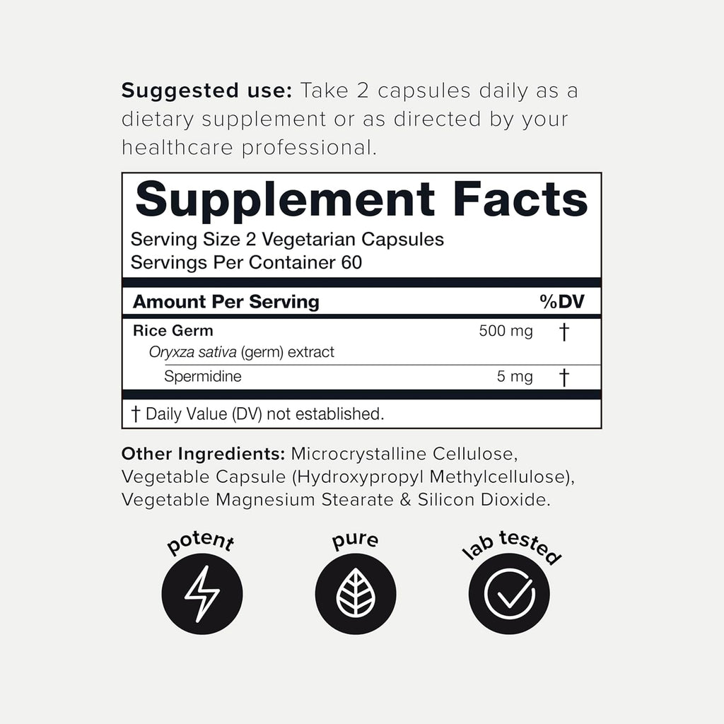Toniiq Ultra Concentrated 500mg Spermidine Supplements for Men and Women - Non-Synthetic Spermidine Standardized to No Less Than 1% Spermidine - 5mg Spermidine per Serving Rice Germ Extract