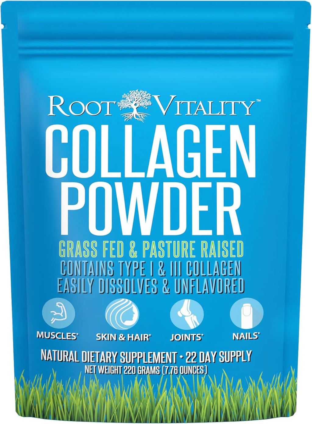 Root Vitality Collagen Peptides Powder - Grass-Fed, Pasture-Raised Hydrolyzed Protein Supplement for Skin, Hair, & Nails - Non-GMO, Zero Sugar Daily Supplement for Men & Women (22 Servings)