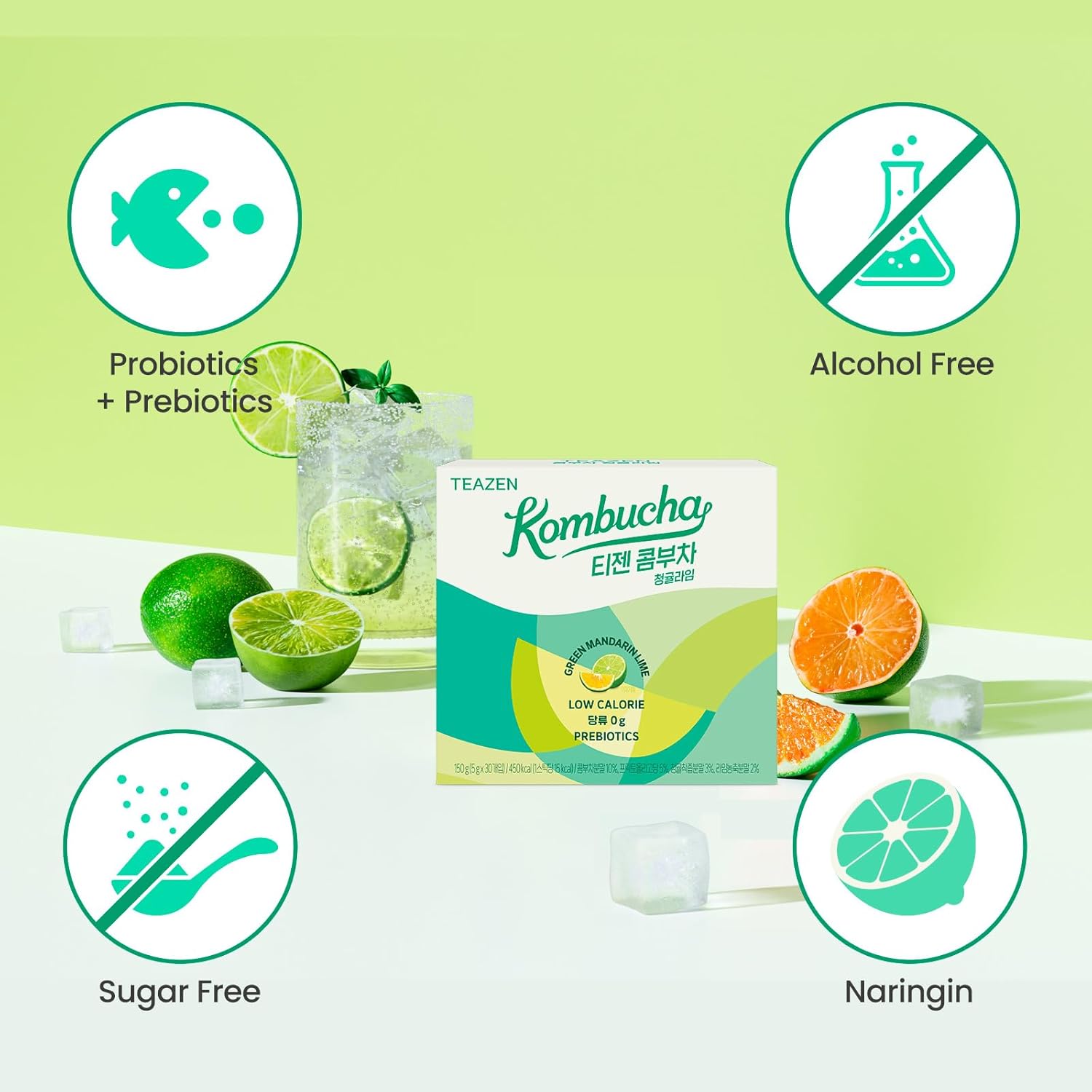 TEAZEN Green Mandarin Lime Kombucha Tea, Hydration Drink Mix, Sugar Free, Live Probiotics & Prebiotics, 30 Sticks, 5.29oz
