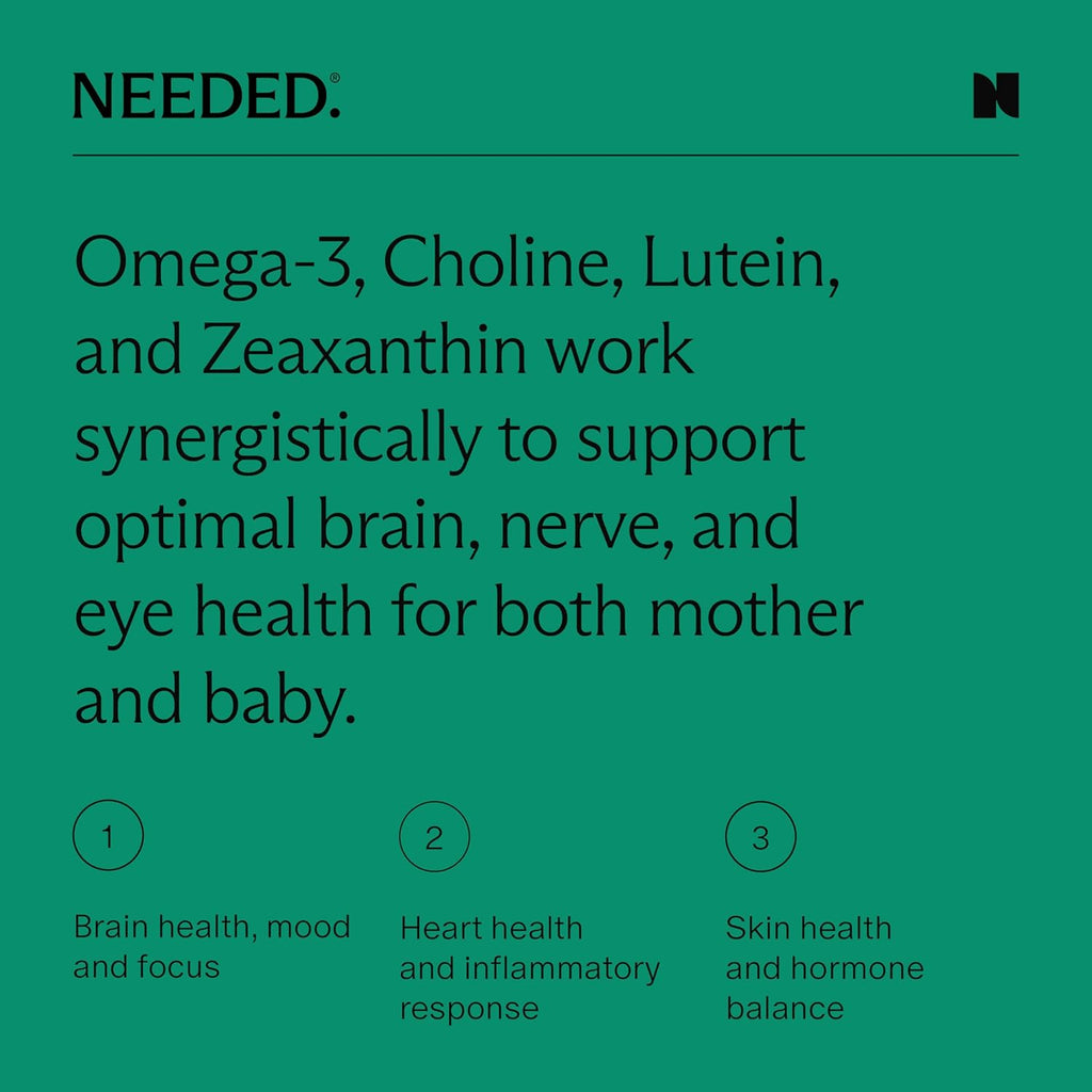 Needed. Prenatal Omega-3 - High Potency Dose of Sustainably Sourced Fish Oil, Bergamot Flavor, 1000mg DHA, 1000mg EPA, Encased in a Gelatin-Free, Plant-Based Softgel Shell, 30-Day Supply