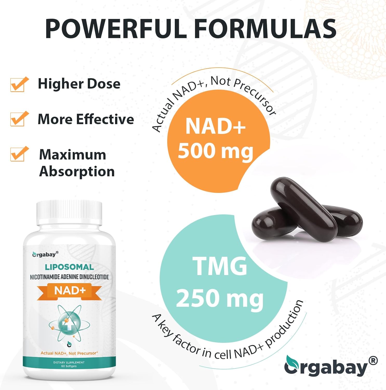 Orgabay Liposomal NAD+ Supplement 500 mg, High Absorption, Boost NAD+ with TMG 250 mg, Actual NAD Plus More Efficient Than Nicotinamide Riboside, Support Cellular Energy, Healthy Aging | 360 Softgels
