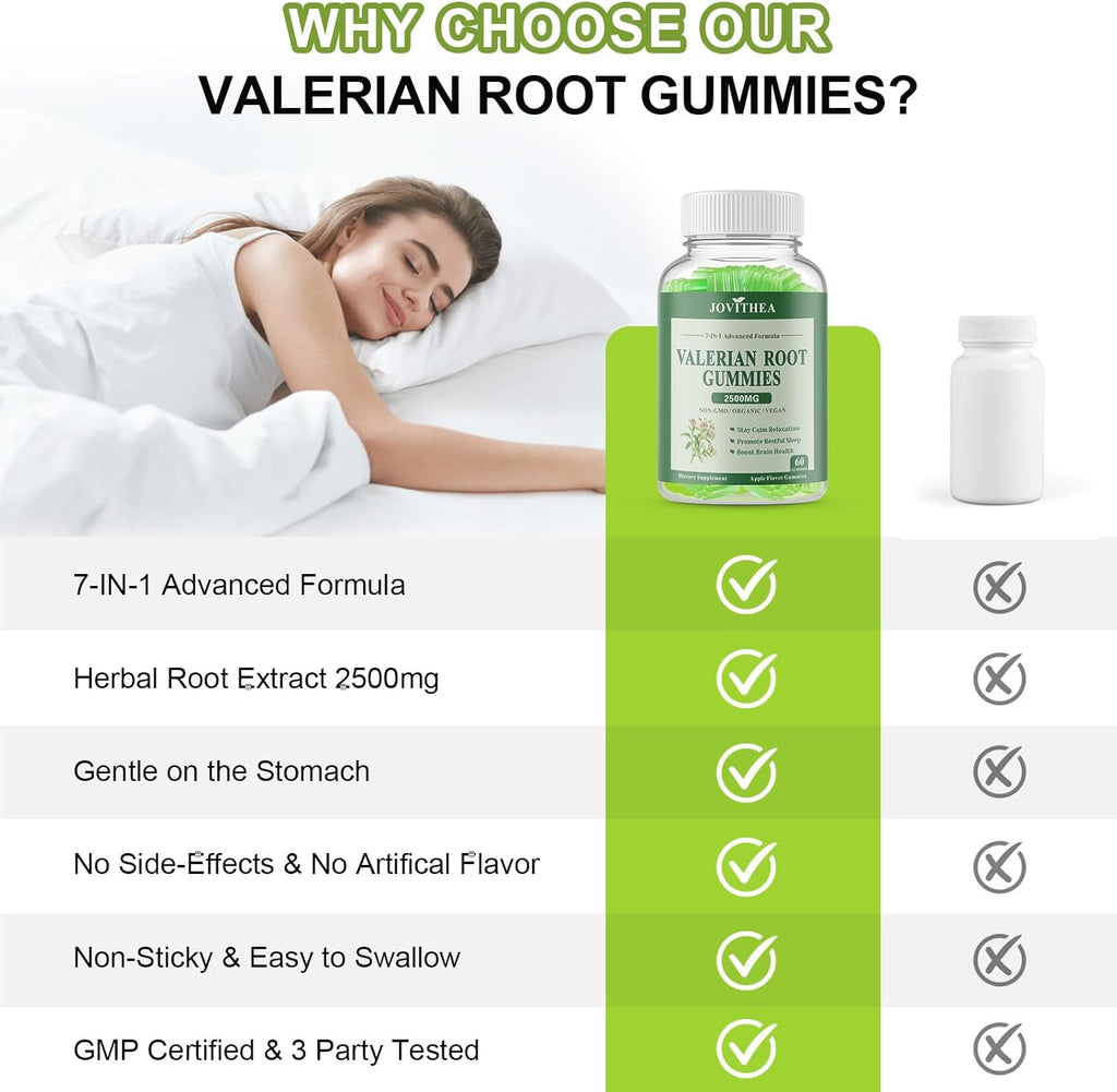 Organic Valerian Root Gummies, Herbal Supplements for Calm & Relaxation, Natural Sleep Support for Adults & Kids, Melatonin Free, Vegan, Non-GMO, Gluten Free, Apple Flavor, 60 Count