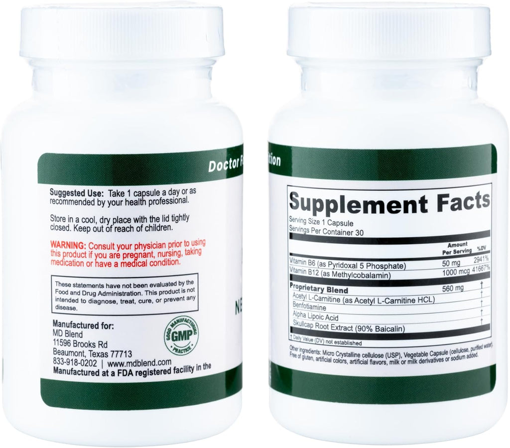 Neuropathy - Expert Formulated - Natural Blend for Optimal Nerve Wellness - Alpha Lipoic Acid, L-Carnitine, Vitamins B6 & B12, Skullcap Root, Acetyl L-Carnitine - 30 Capsules (1 Pack)