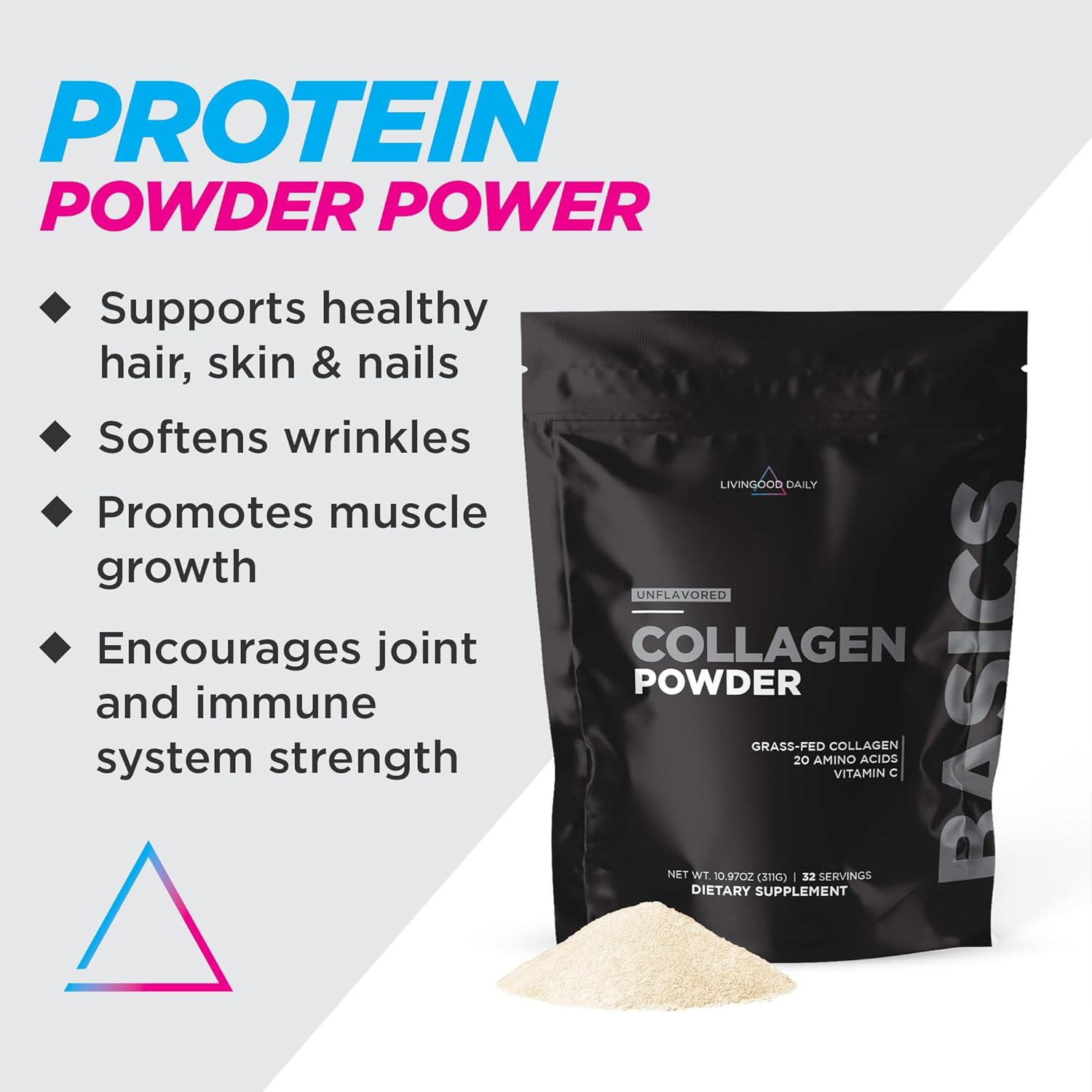 Livingood Daily Unflavored Collagen Powder for Women & Men, Hydrolyzed Collagen Peptides Powder with Vitamin C, Protein with 20 Amino Acids, Type I & III, Grass Fed, Keto, Paleo, Gluten Free, 30 Srvgs