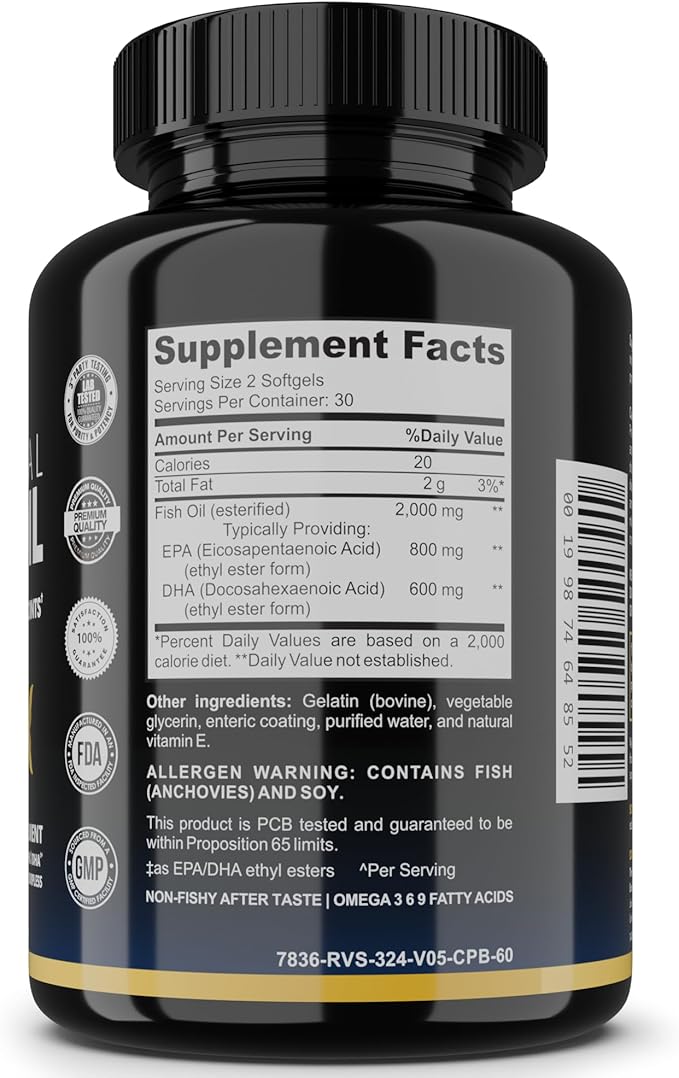 Fish Oil Supplement Omega 3 for Women & Men – Triple Strength 1,400mg Omega-3 EPA/DHA - Burpless Wild-Caught Omegas 3-6-9 for Heart, Brain, Eye & Joint Support – 60 Softgels
