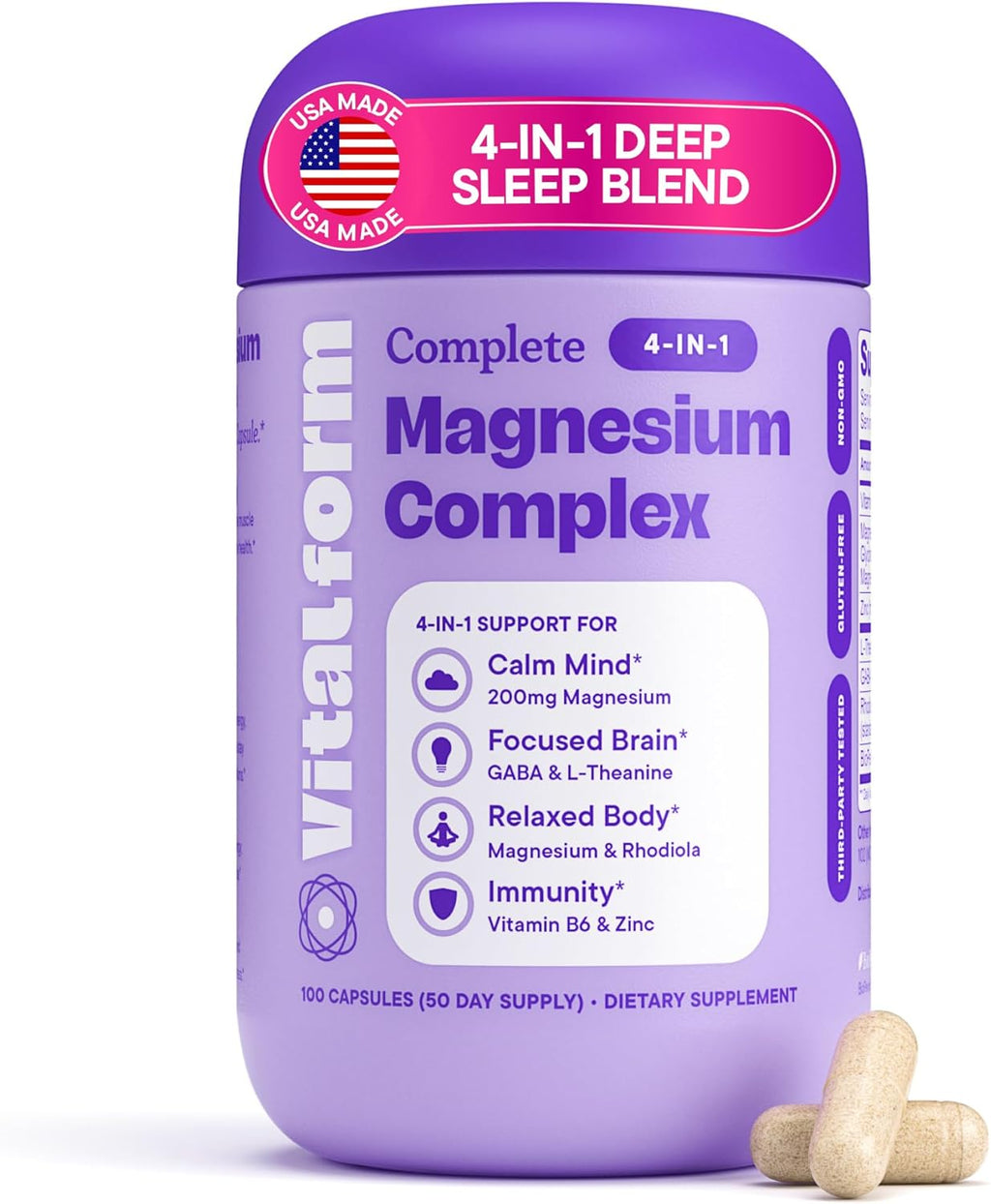 Magnesium Glycinate Sleep Complex – L-Theanine, GABA, Rhodiola, Zinc & B6 – Non-Melatonin Natural Sleep Support, Calm & Stress Relief – Vital Form – 200mg Magnesium – 100 Capsules