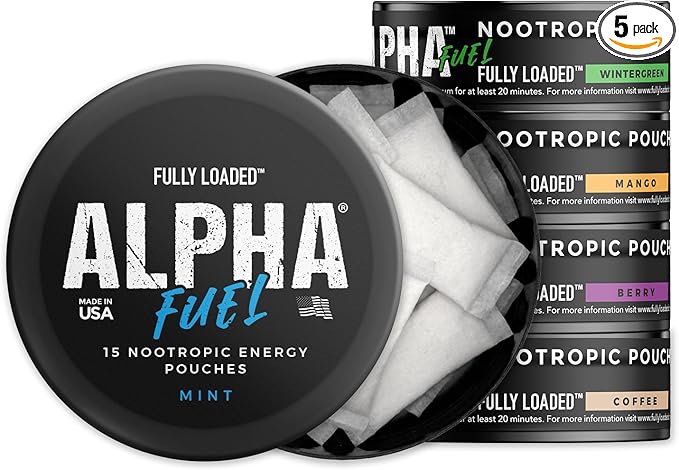 Fully Loaded Alpha Fuel Nootropic Pouches (Variety Fuel) - 5 cans - 15 Pouches per can - Nootropic Energy Pouches with Caffeine, Alpha GPC, Tyrosine, Taurine, Guarana and More