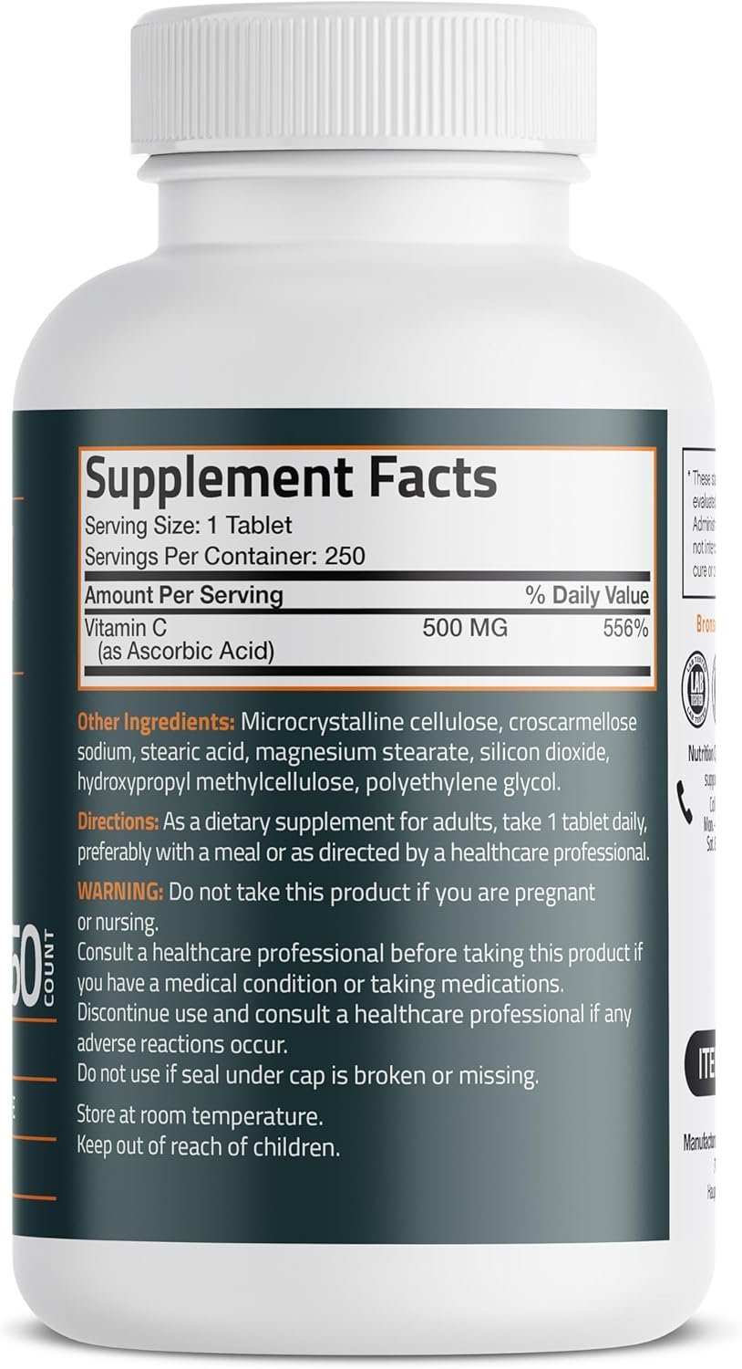 Bronson Vitamin C 500 MG Supports a Healthy Immune System & Antioxidant Protection, Non-GMO, 250 Vegetarian Tablets