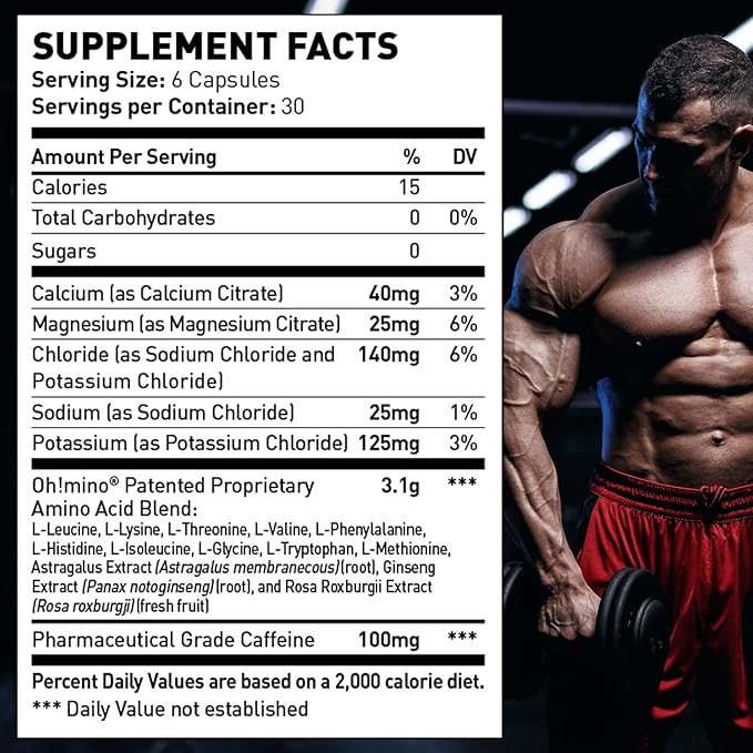 Oh!mino Essential Amino Acids Supplement, Caffeinated Capsules, All 9 EAAs, BCAAs, The Perfect Amino for Workouts, Amino Energy, and to Build Muscle, and Recover Faster