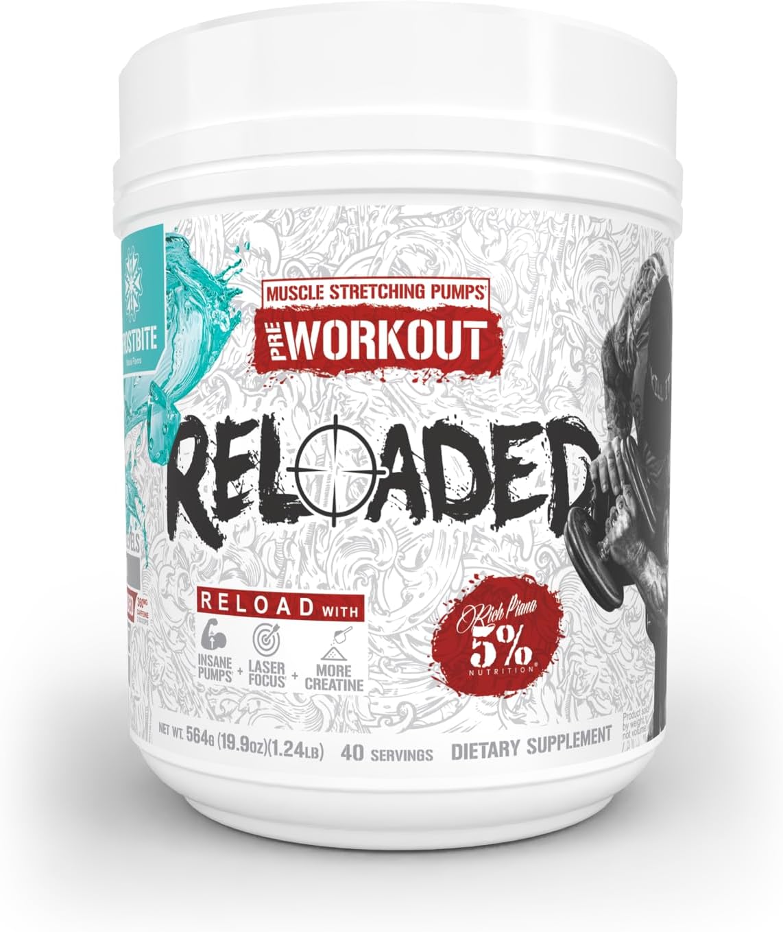 5% Nutrition Rich Piana Reloaded High Stim Pre-Workout | Ultra Energy, Focus, Pumps, Power & Endurance | Citrulline, GlycerSize, Nitrosigine, Creatine, Choline, Huperzine A (Frostbite)