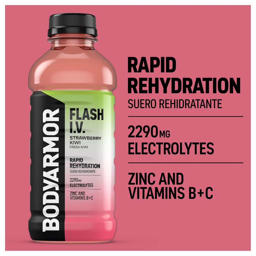 BODYARMOR Flash I.V. Electrolyte Beverage, Strawberry Kiwi, Hydration Drink with Coconut Water For Rapid Rehydration, Post Workout Recovery, 20 Fl Oz (Pack of 12)