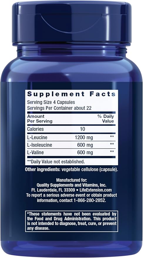 Life Extension Branched Chain Amino Acids (BCAAs), leucine, isoleucine, valine, Promotes Muscle Recovery After Exercise, Gluten-Free, Non-GMO, 90 Capsules