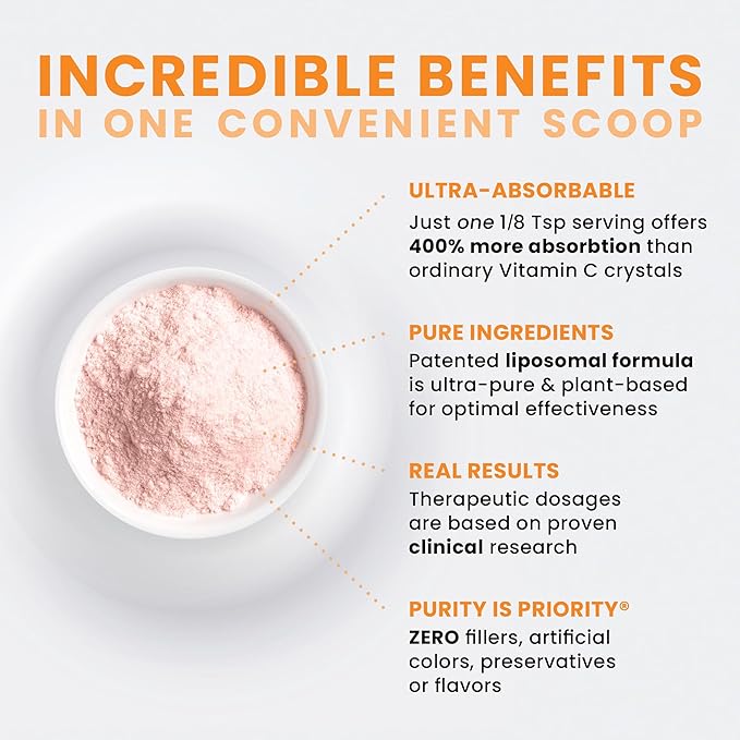 Pure Therapro Rx 100% Liposomal Vitamin C Powder, Patented PureWay Vegan Vitamin C Supplement, Supports Healthy Aging, Immune Function & Collagen Formation, Non-GMO, Made in the USA (30g, 60 Servings)