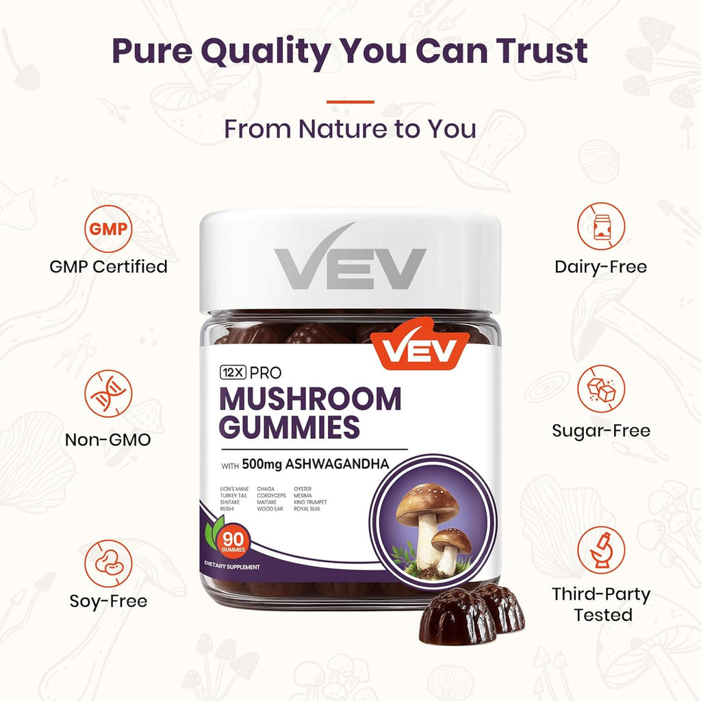 VEV Mushroom Gummies for Adults - 12x Mushroom Supplement with Lions Mane, Reishi, Cordyceps, and Turkey Tail - Ashwagandha - 90 Vegan Gummies