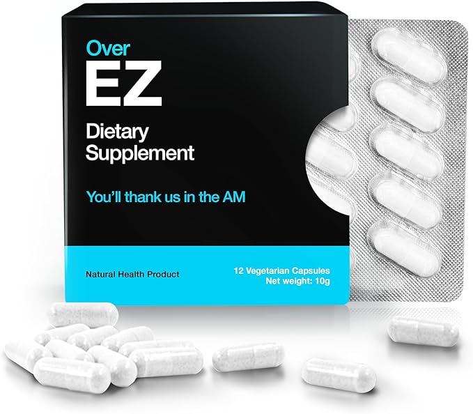 OVER EZ Pre-Drink Supplement - Party Recovery & Prevention Pills for a Night Out & Better Mornings (12 Capsules) & Milk Thistle, Amino Acids, Vitamin Bs