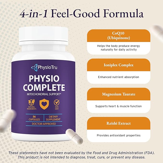 PhysioTru Physio Complete CoQ10 Supplement - Superior Nutrient Absorption, Antioxidant & Energy Support - Coenzyme Q10 Ubiquinone with Fulvic Acid, Magnesium Taurate & Reishi Extract - 3 Pack