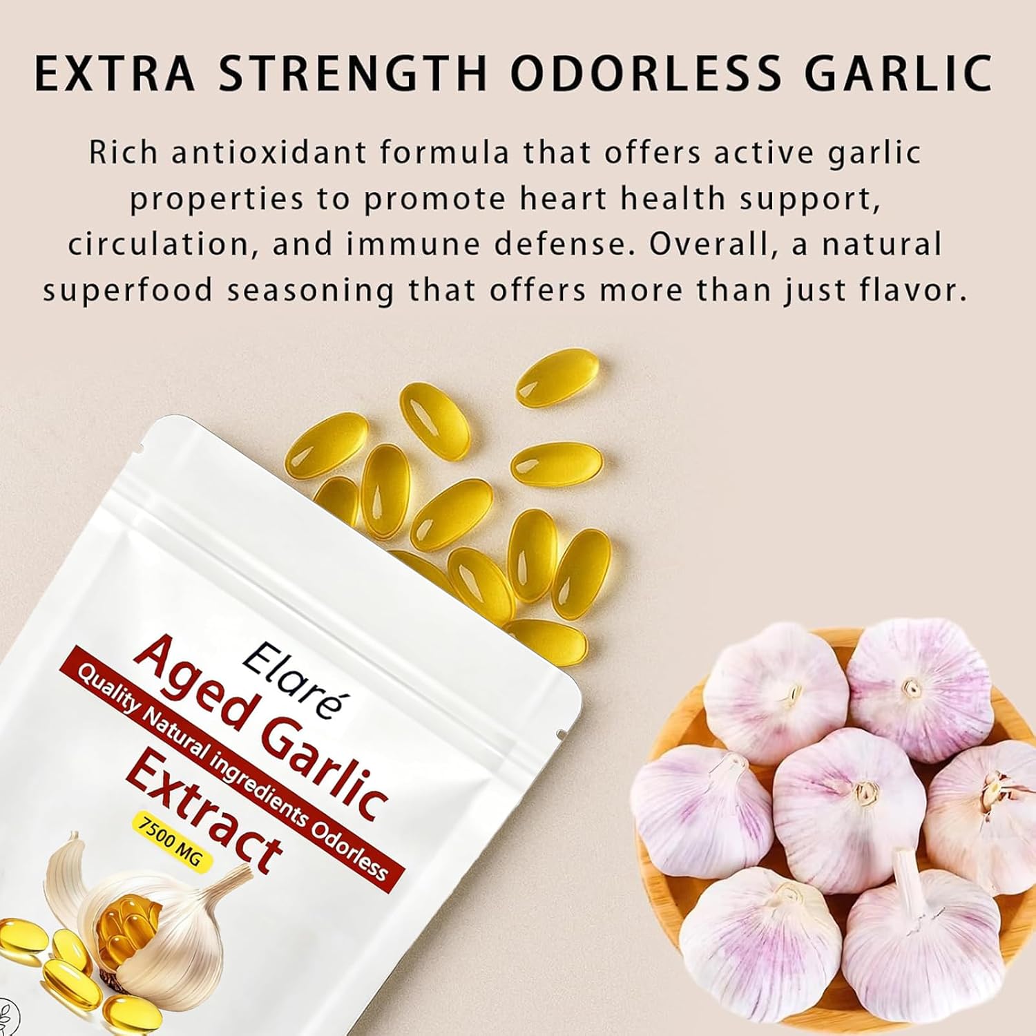 Elare Aged Garlic Extract - 7500mg Odorless, Organic Garlic Extract Capsules | Heart & Immune Antioxidant Supplements, Vegetarian, All-Natural, Non-GMO, 150 Softgels(1 PCS)