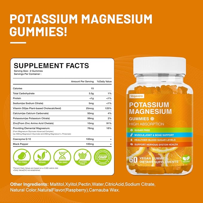 Potassium Magnesium Gummies - High Absorption Magnesium Glycinate & Potassium Citrate Plus Coenzyme Q10, DHA, D3, Mineral & Calcium for Zzz, Leg Cramps & Muscle - 60 Orange Gummies