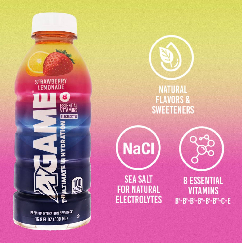 A-GAME Sports Drink, Strawberry Lemonade, The Ultimate Hydration Sports Beverage for Athletes, 8 Essential Vitamins including B, C, & E plus Natural Sea Salt Electrolytes, All Natural Flavors & Sweeteners, Gluten Free, 16.9 Fl Oz (Pack of 12)