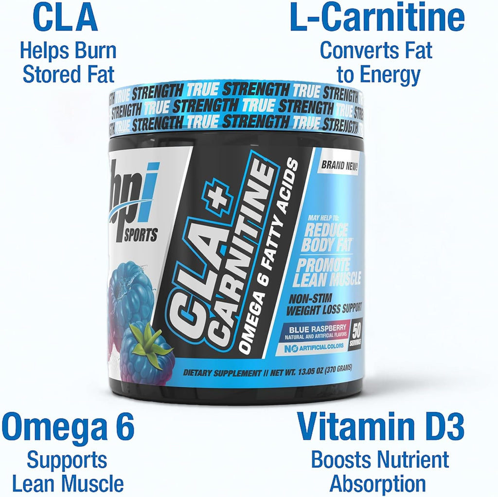 BPI Sports CLA+Carnitine – CLA L Carnitine & Linoleic Acid – L Carnitine Supplement for Weight Loss, Metabolism & Lean Muscle – Caffeine Free – Blue Raspberry – 50 Servings – 12.34 oz
