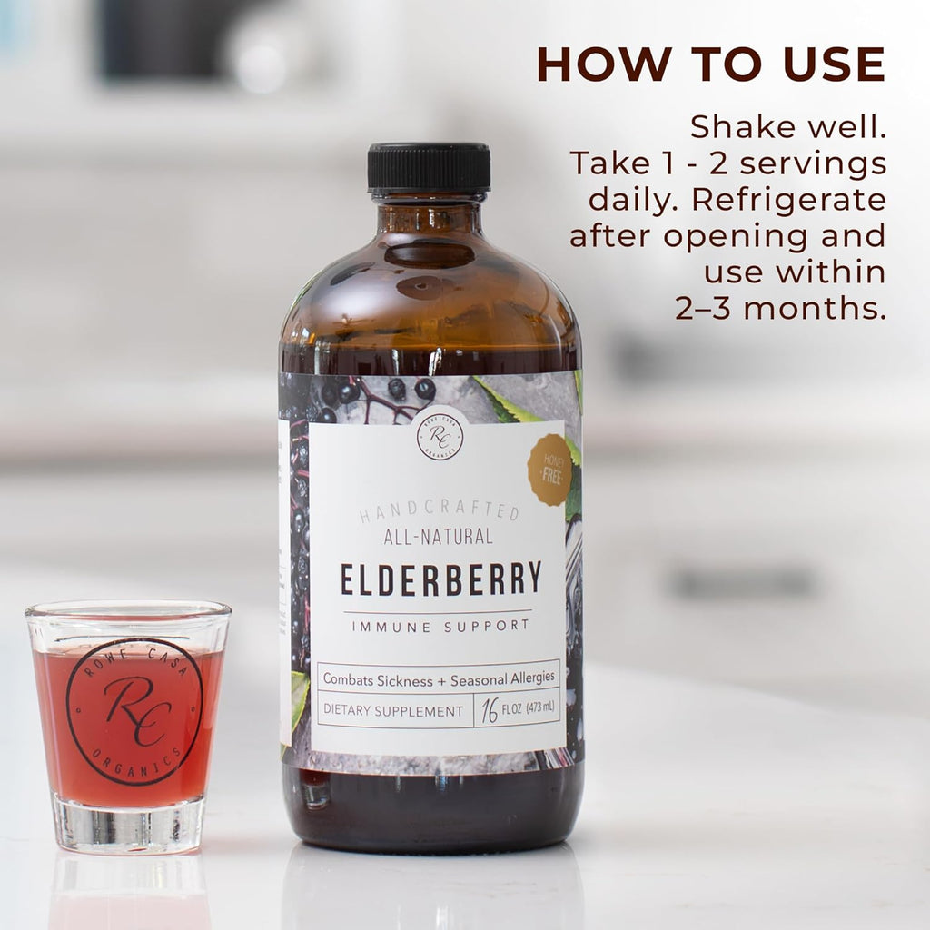 Rowe Casa Organics Honey-Free Elderberry Immune Support with Antioxidants, Zinc and Vitamin C – Kids and Adults Organic Elderberry Syrup for Immune Support, 16 Fl Oz