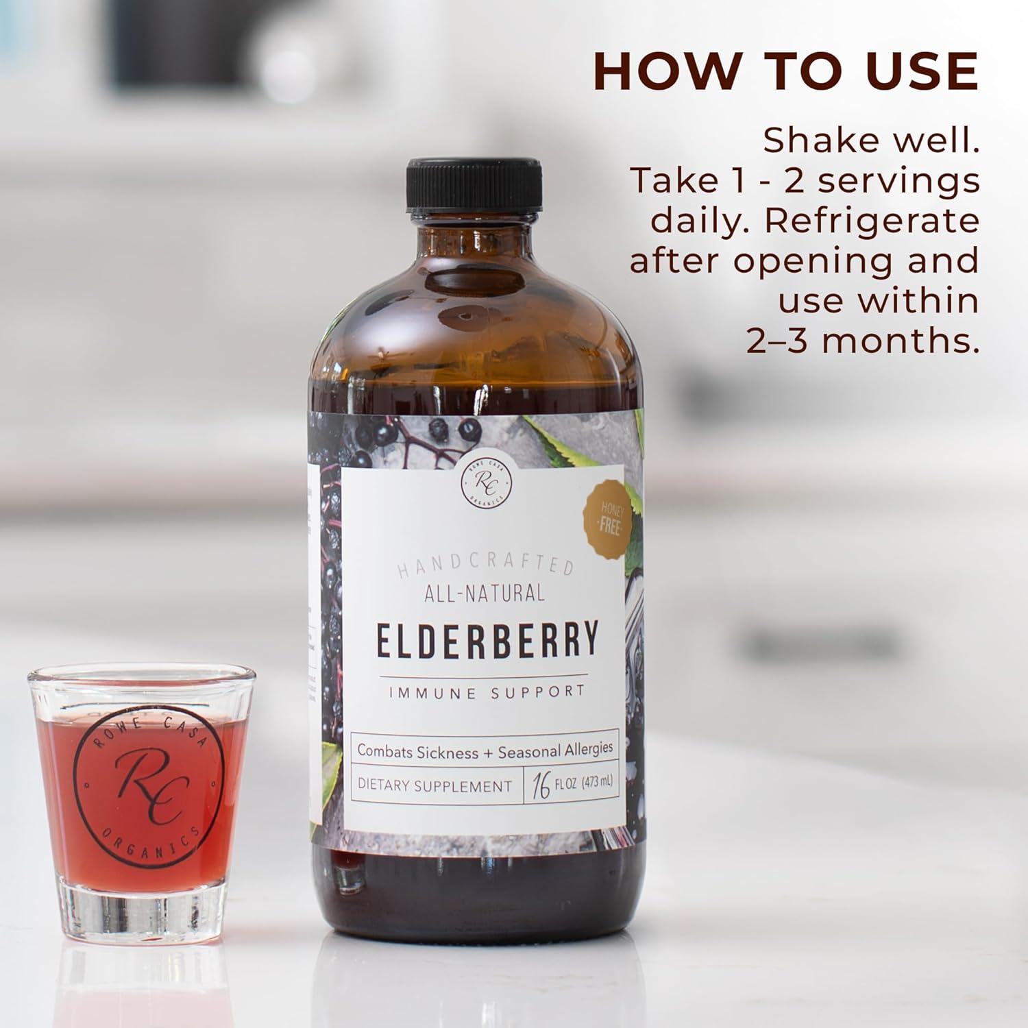 Rowe Casa Organics Honey-Free Elderberry Immune Support with Antioxidants, Zinc and Vitamin C – Kids and Adults Organic Elderberry Syrup for Immune Support, 16 Fl Oz