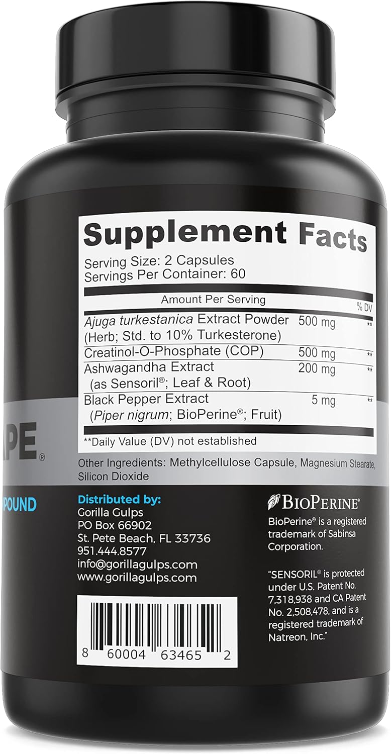 | Anabolic Ape – Enhanced Turkesterone Compound | Turkesterone, Creatinol-O-Phosphate, Ashwagandha, Bioperine | Lab Tested | 120 Vegan Capsules | Max Strength