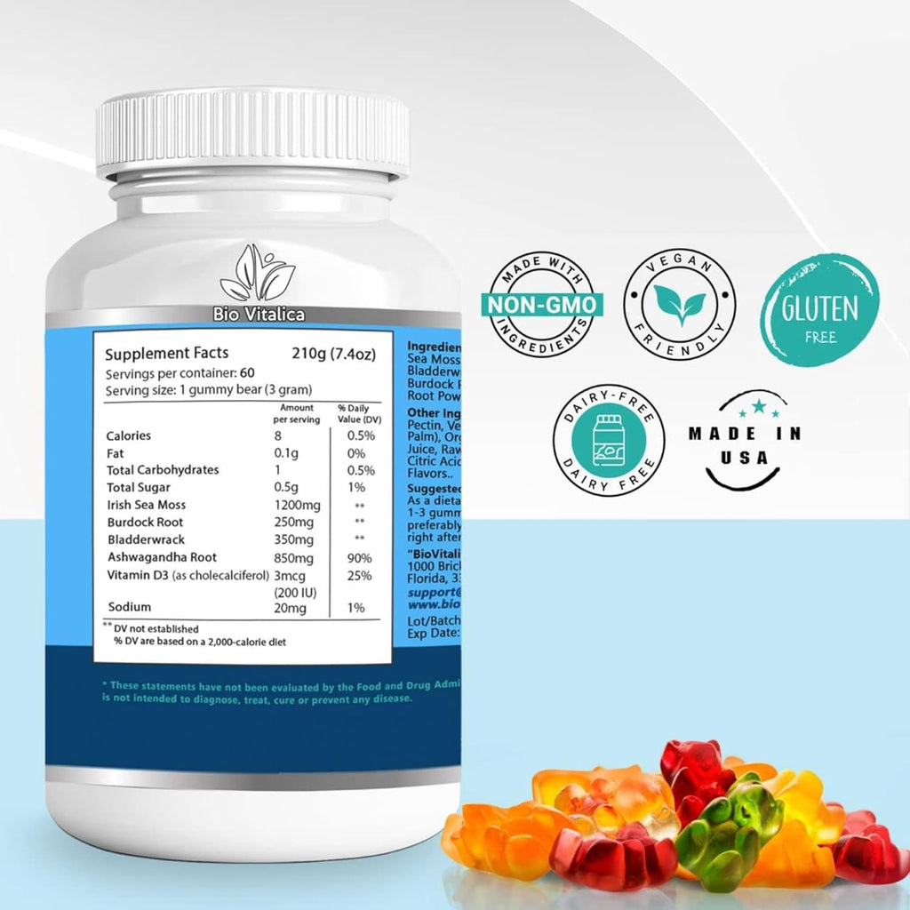 BIO VITALICA Sea Moss Ashwagandha Gummies - Organic Irish Seamoss & Ashwa Root Powder Supplements for Supporting Energy & Immunity for Men and Women - 4 Packs