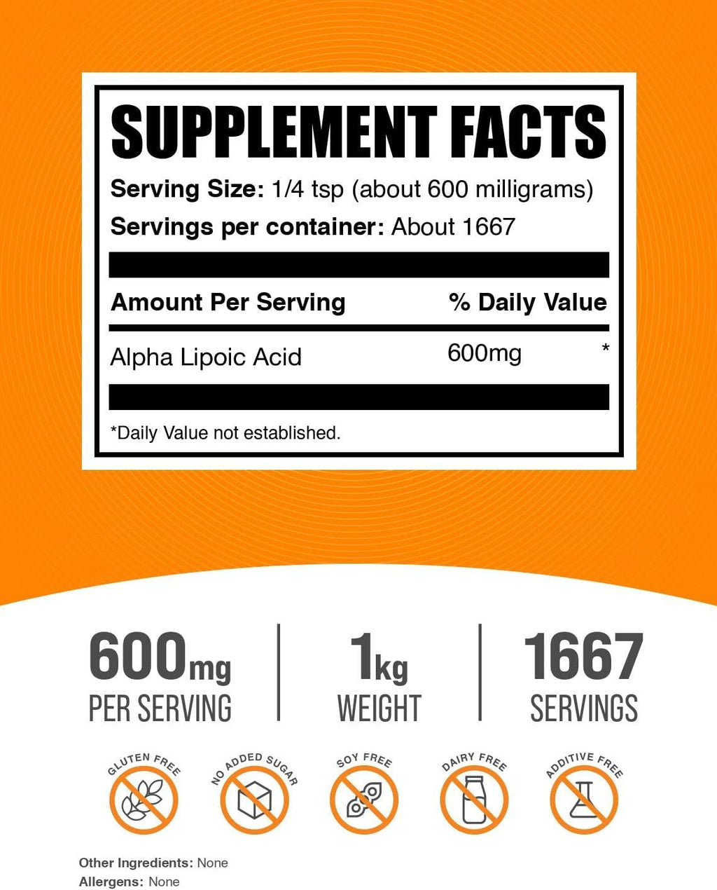 BulkSupplements.com Alpha Lipoic Acid Powder - ALA Supplement, Antioxidant Supplement - Gluten Free, 600mg per Serving, 1kg (2.2 lbs) (Pack of 1)